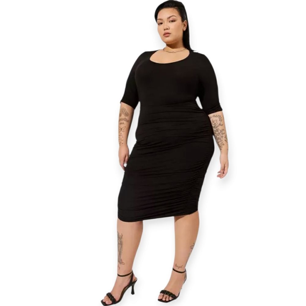 2X 18W 20W Torrid Black Shirred Dress Knit Super Soft Bodycon Elbow Sleeve Stret
